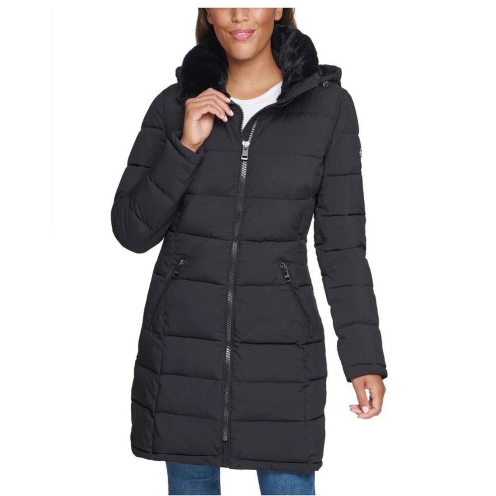 Andrew Marc Puffer Jacket Women L Black Stretch Faux Fur Hooded Parka